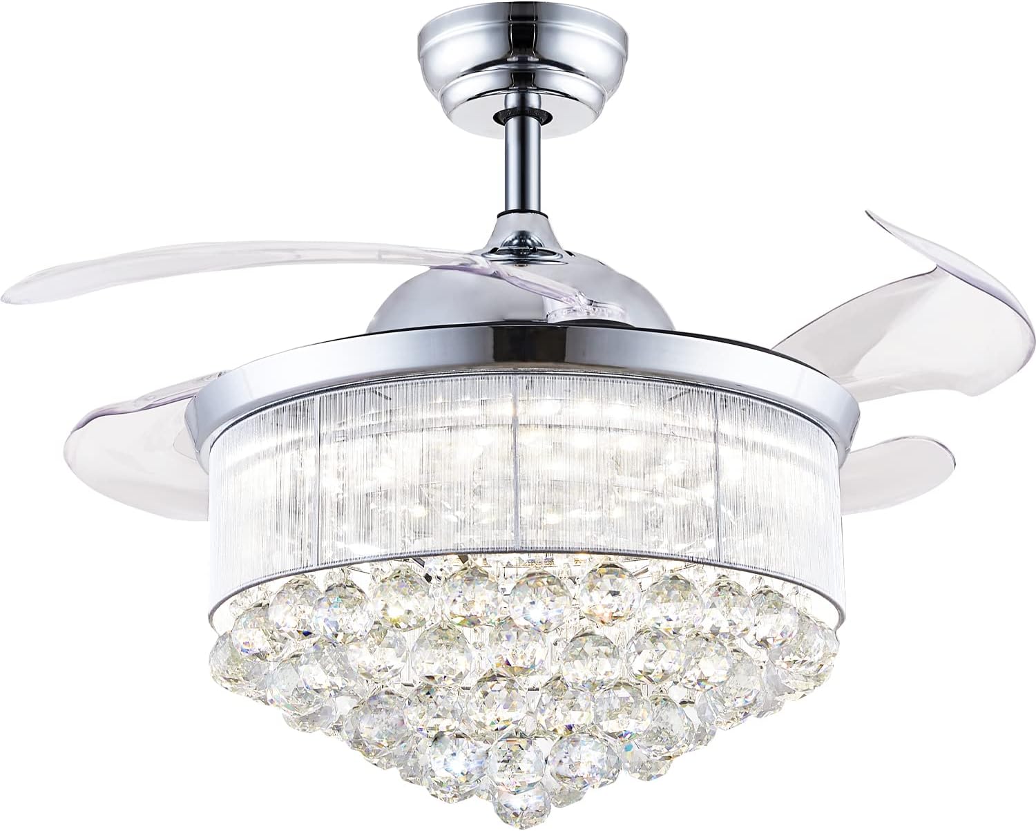 42 Inch Modern Chandelier Crystal Ceiling Fan with Light Remote Dimmable Fandelier Ceiling Fan Light Color Change 6 Speed Retractable Blade Ceiling Fan Light for Bedroom Indoor Living Room Chrome