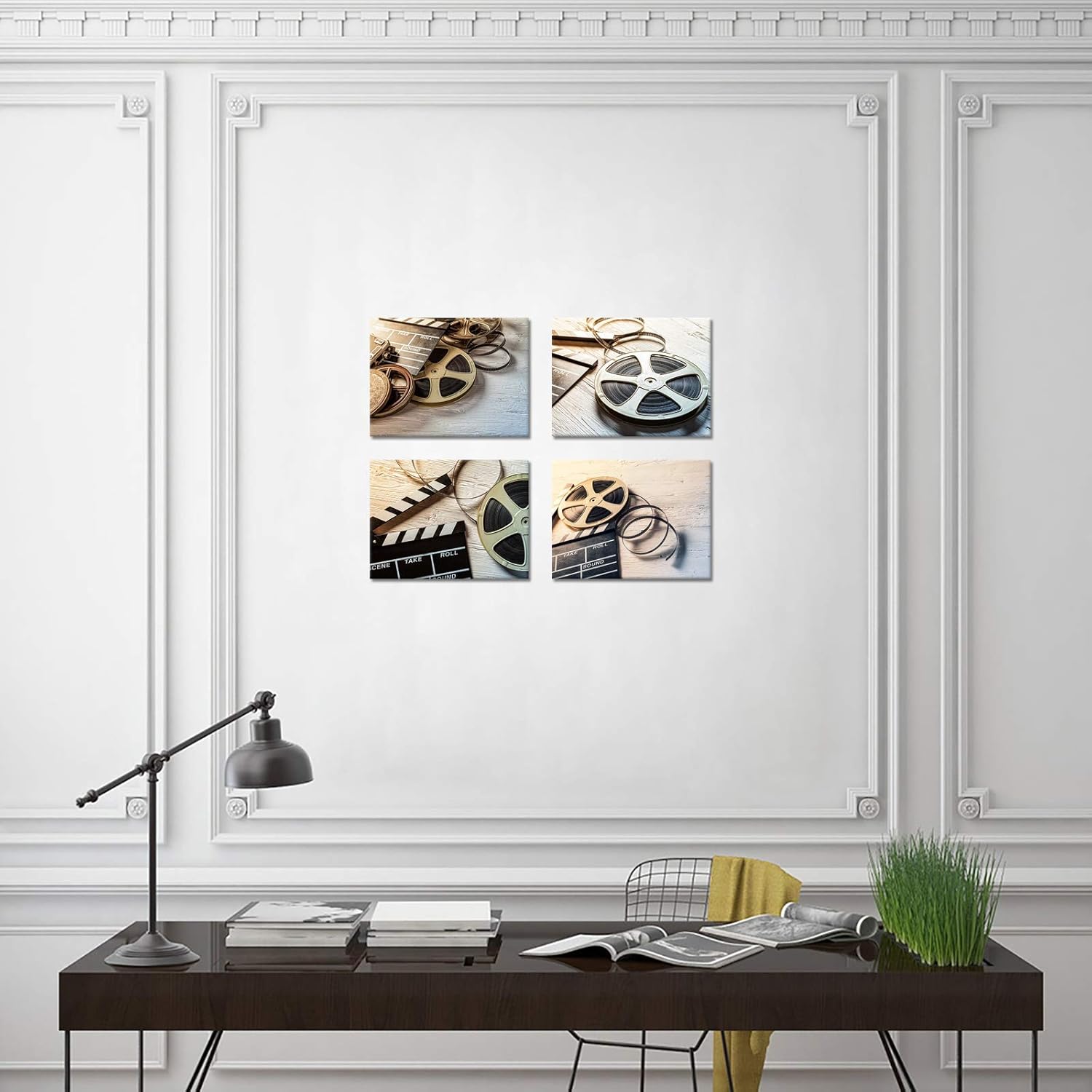 Derkymo 4 Panels Vintage Canvas Wall Art Film Camera Chalkboard and Roll on Wooden Table Modern Home Art Stretched and Framed Ready to Hang Each Piece 12