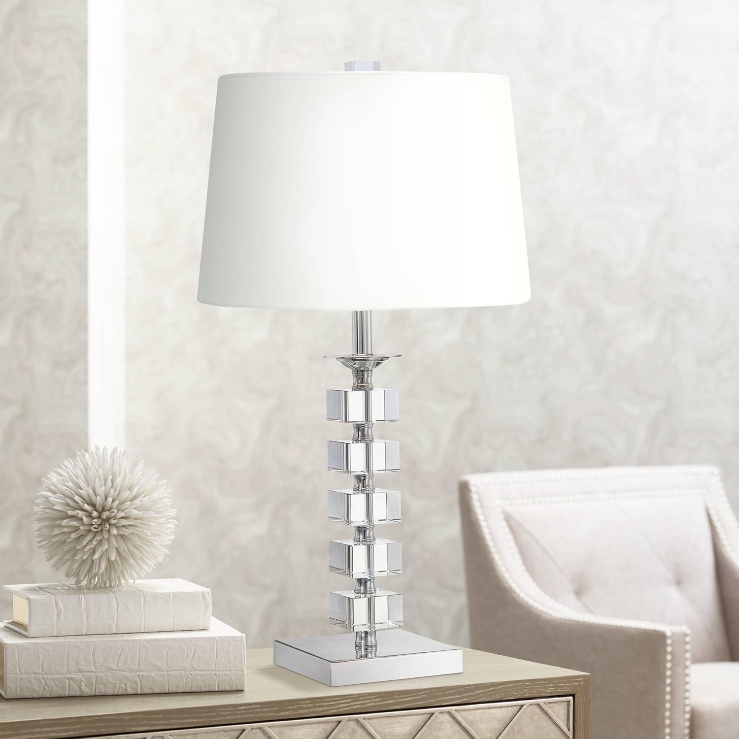 Modern Contemporary Table Lamp Stacked Clear Crystal Glass Cubes White Fabric Tapered Drum Shade Decor for Living Room Bedroom House Bedside Nightstand Home Office Family - Vienna Full Spectrum