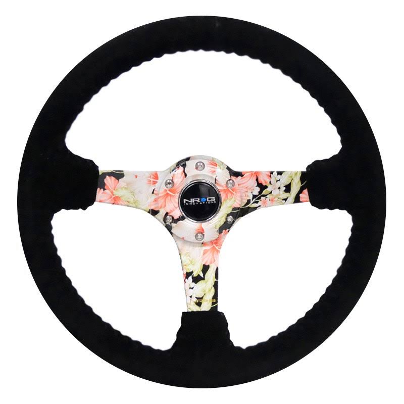 Universal NRG Innovations 350mm Reinforced Black Suede Steering Wheel with Hydro Dipped Tropical Floral Spokes - RST-036FL-S