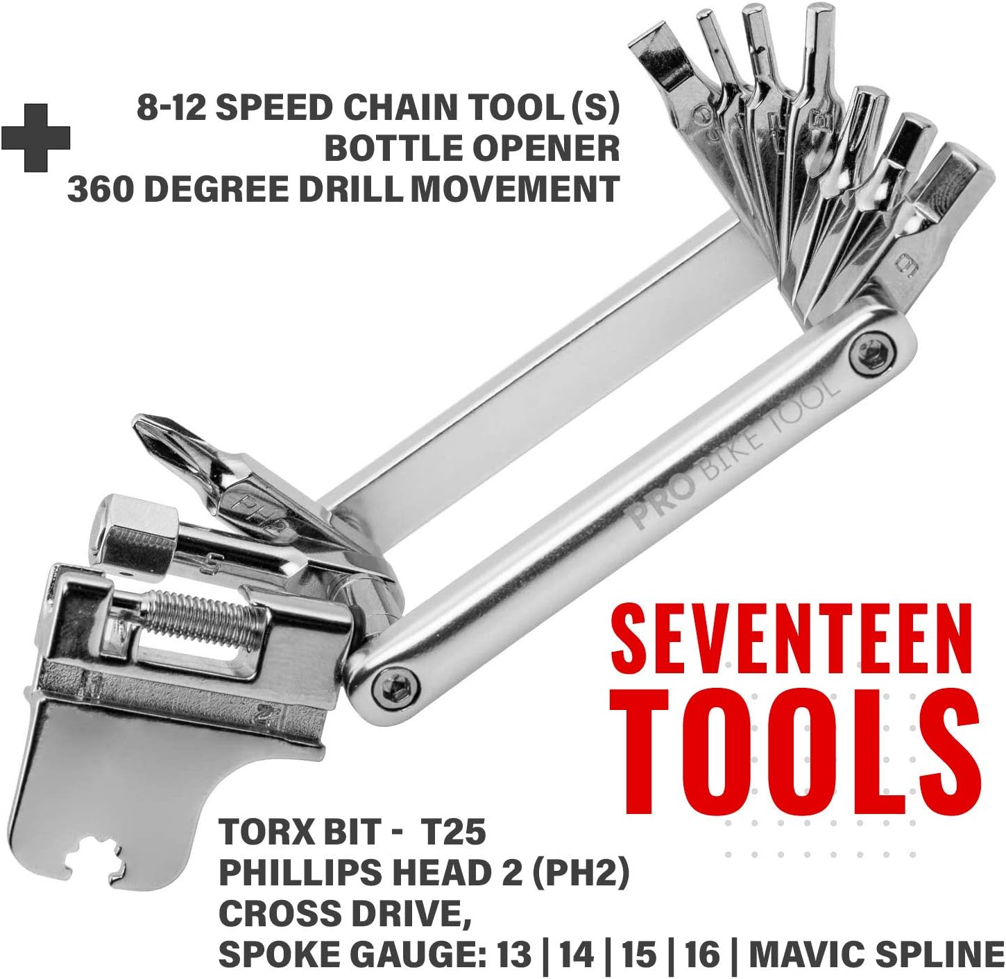 PRO BIKE TOOL 17 in 1 Bike Multitool - Compact and Lightweight Bicycle Repair Kit for Road and Mountain Bikes - Saddlebag and Pocket Friendly Set - Includes Slim Bag - Cyclist Gift