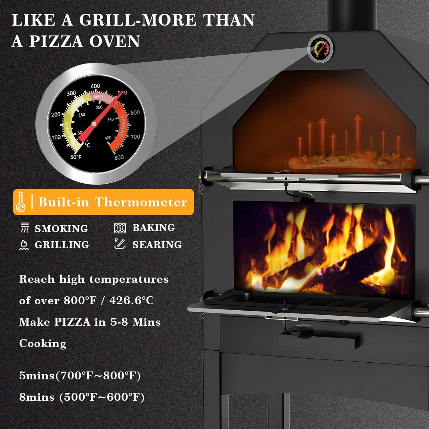 UDPATIO Outdoor Pizza Oven Wood Fired, Wood Pizza Ovens for Outside with Waterproof Cover, Pizza Stone, Peel, 2 Layer Steel, Freestanding Steel Oven with 2 Wheels for Kitchen BBQ Backyard Party
