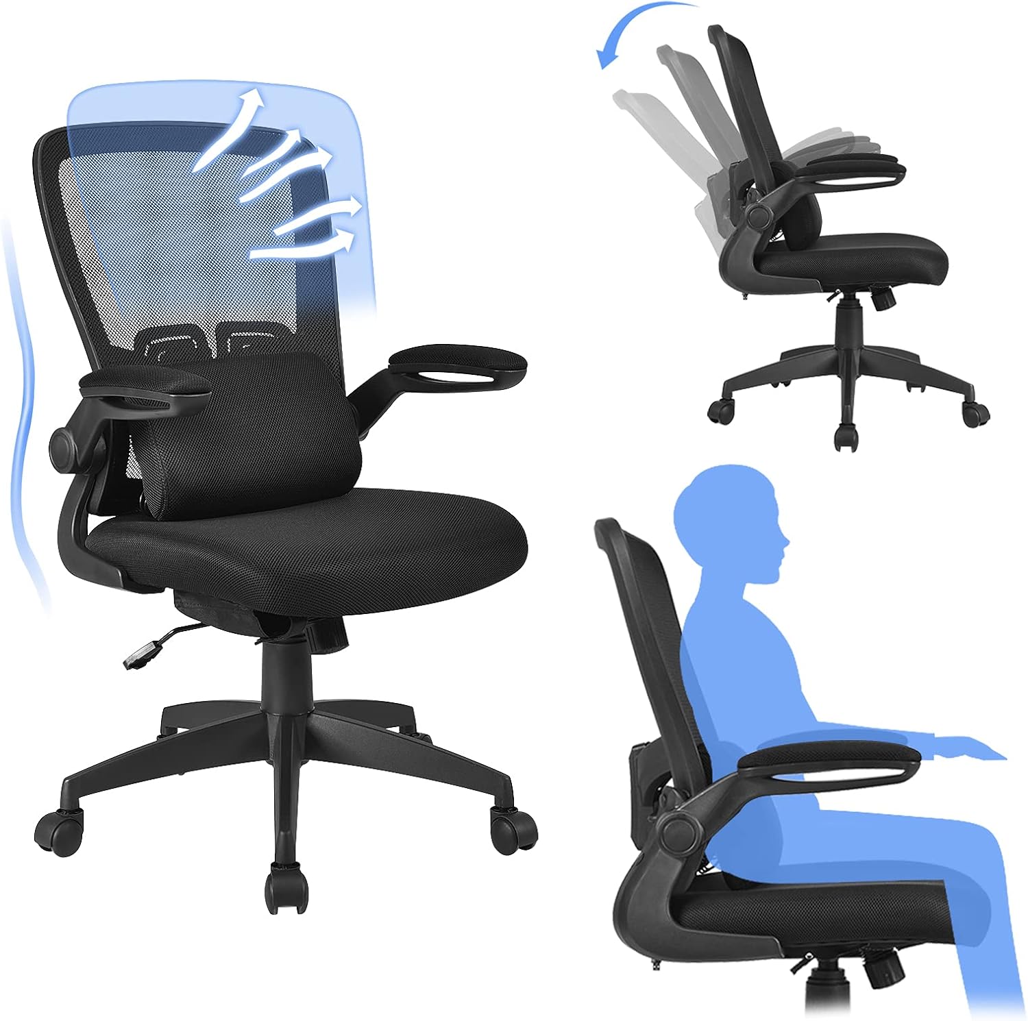 POWERSTONE Home Office Chair Rolling Black Lumbar Support Desk Chair Ergonomic Swivel Computer Chair Mesh Adjustable Task Chair Flip Up Arms