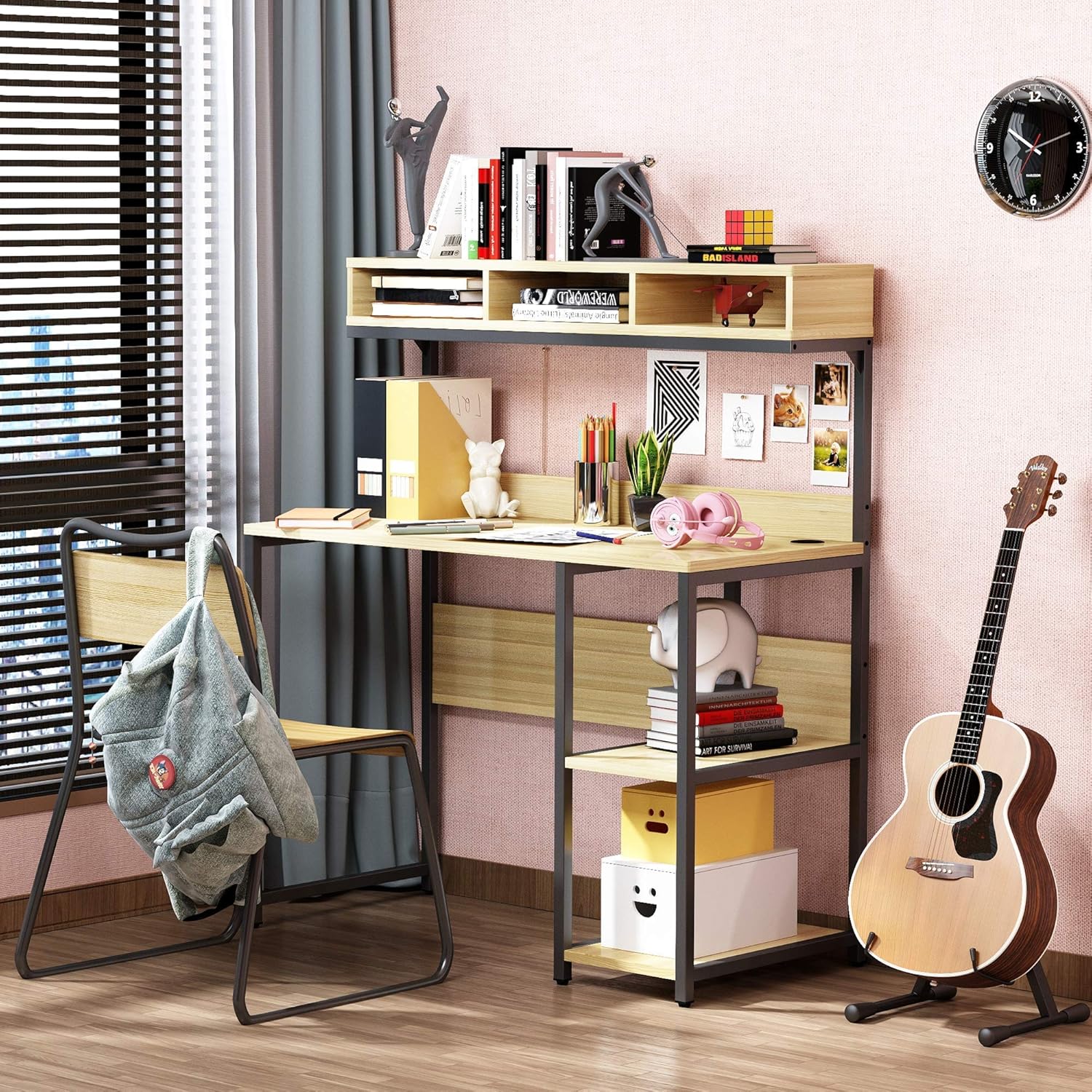 VIPEK Computer Desk 42 Inch Small Desk for Small Spaces, School Student Desk Study Writing Desk, Small Corner Desk with Hutch and Storage Shelves, Space Saving & Easy Assemble, Oak