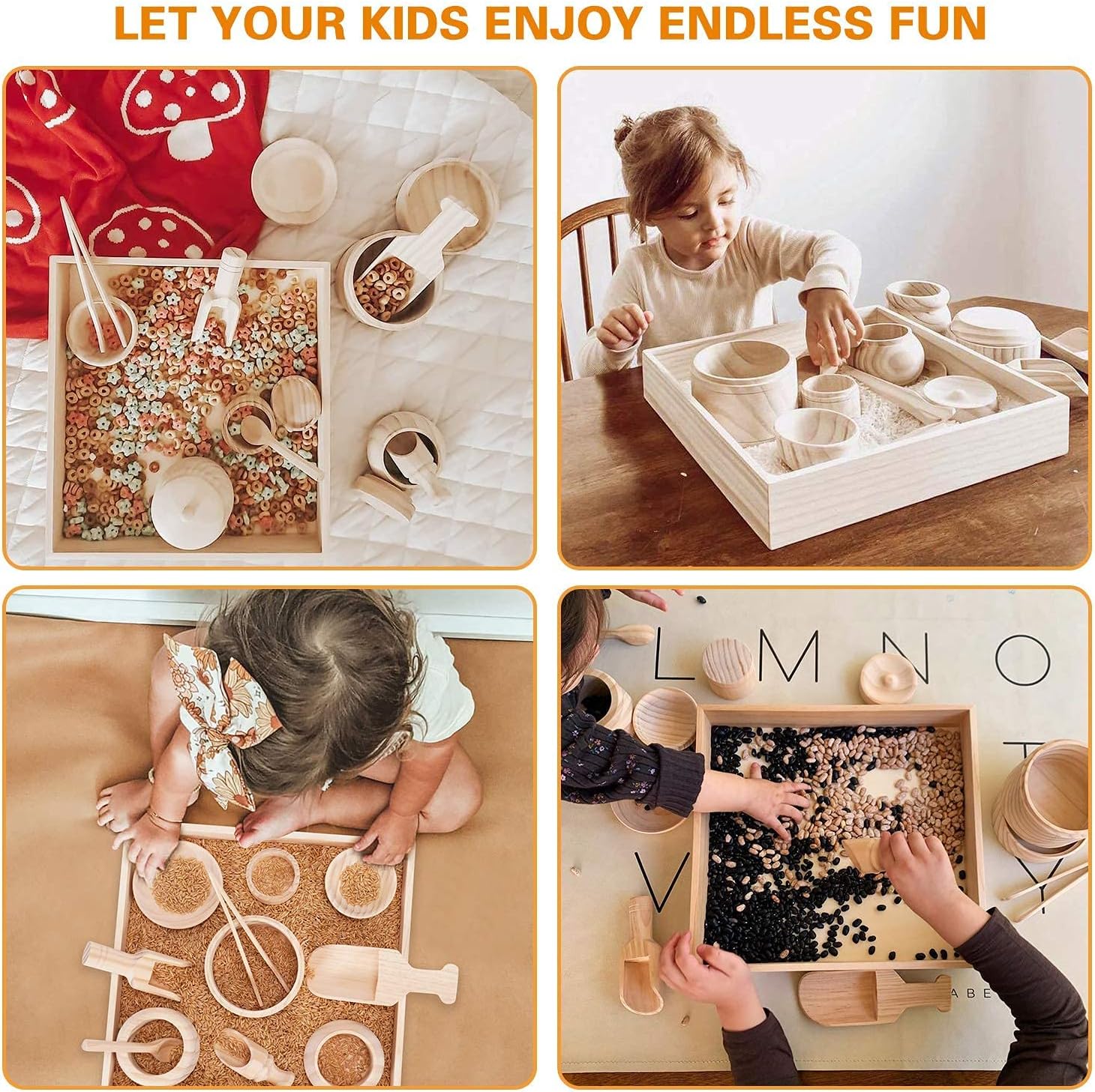 Sensory Bin Tools with Wooden Box, Montessori Toys for Toddlers, Sensory Toys, Set of 12 Wooden Scoops and Wooden Tongs for Transfer Work and Fine Motor Learning, Motor Skills Development Pack of 2