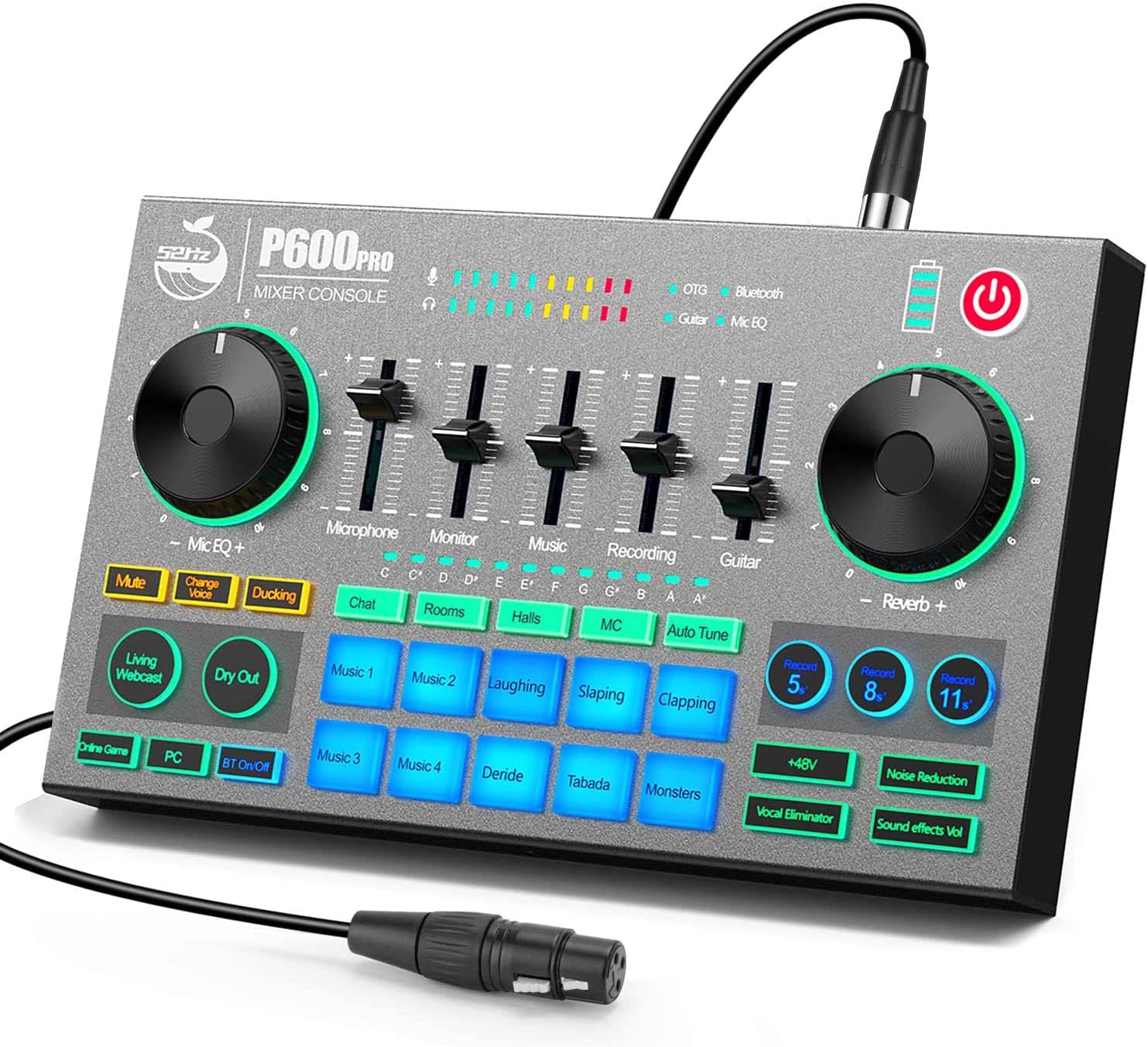Professional Podcast Audio Mixer, DJ Mixer Sound Card, Full-featured DJ Mixer Controller with BT 5.0 Type C USB Interface for PC, Laptop, Mobile Phone, Live Streaming, Podcast, Chat Room Lobby