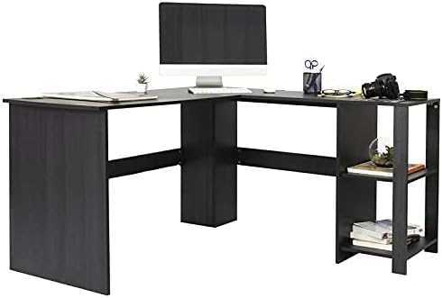 Pemberly Row Wooden L-Shaped Corner Computer Desk in Black