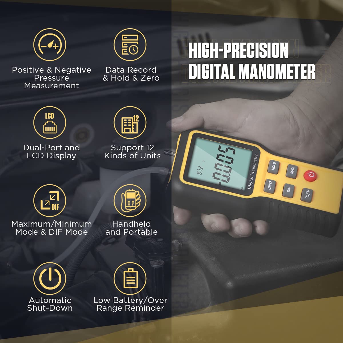 Dual-Port Manometer Gas Pressure Tester 12 Selectable Units Professional Air Pressure Meter, Digital Manifold Gauge Set HVAC Refrigeration Gauge with Hoses