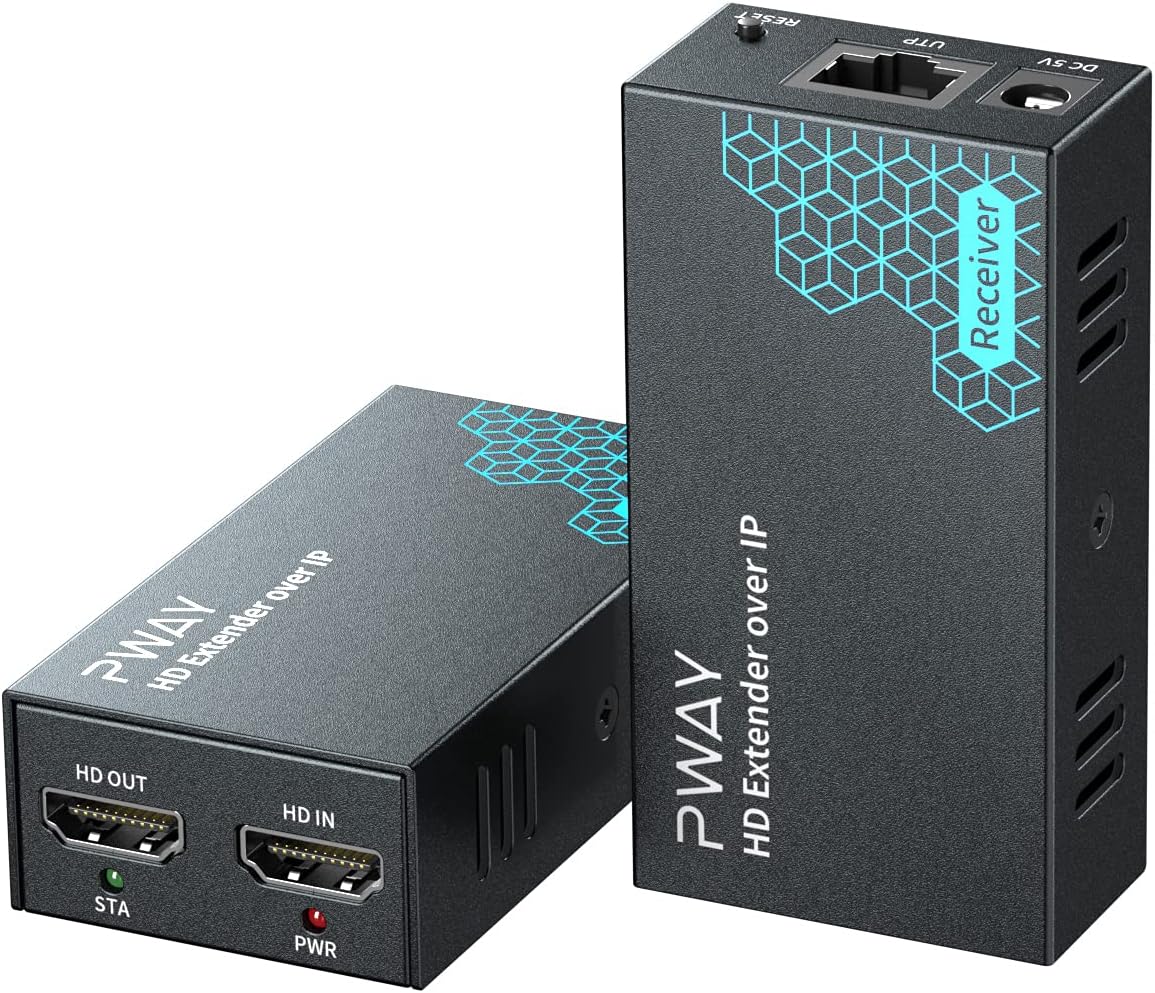 PWAY HDMI Extender 500ft Over Single Cat5e/6, Over IP/TCP One to Multiple Monitors by Ethernet Switch, Full HD 1080P@60Hz Video Extended Pack of 2