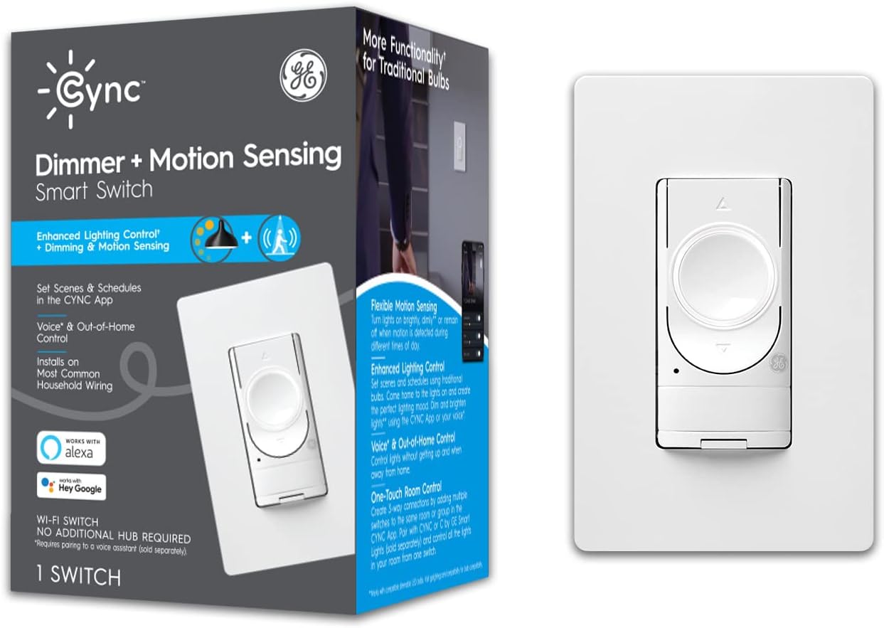 GE CYNC Smart 3-Wire Dimmer + Motion Sensing Switch with Wi-Fi, No Neutral Wire Required, Compatible with Google Home + Alexa, 1-Pack (Packaging May Vary) Pack of 2