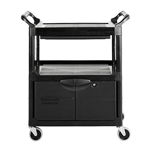 Rubbermaid Commercial Plastic Service and Utility Cart with Cabinet and Sliding Drawer, Black