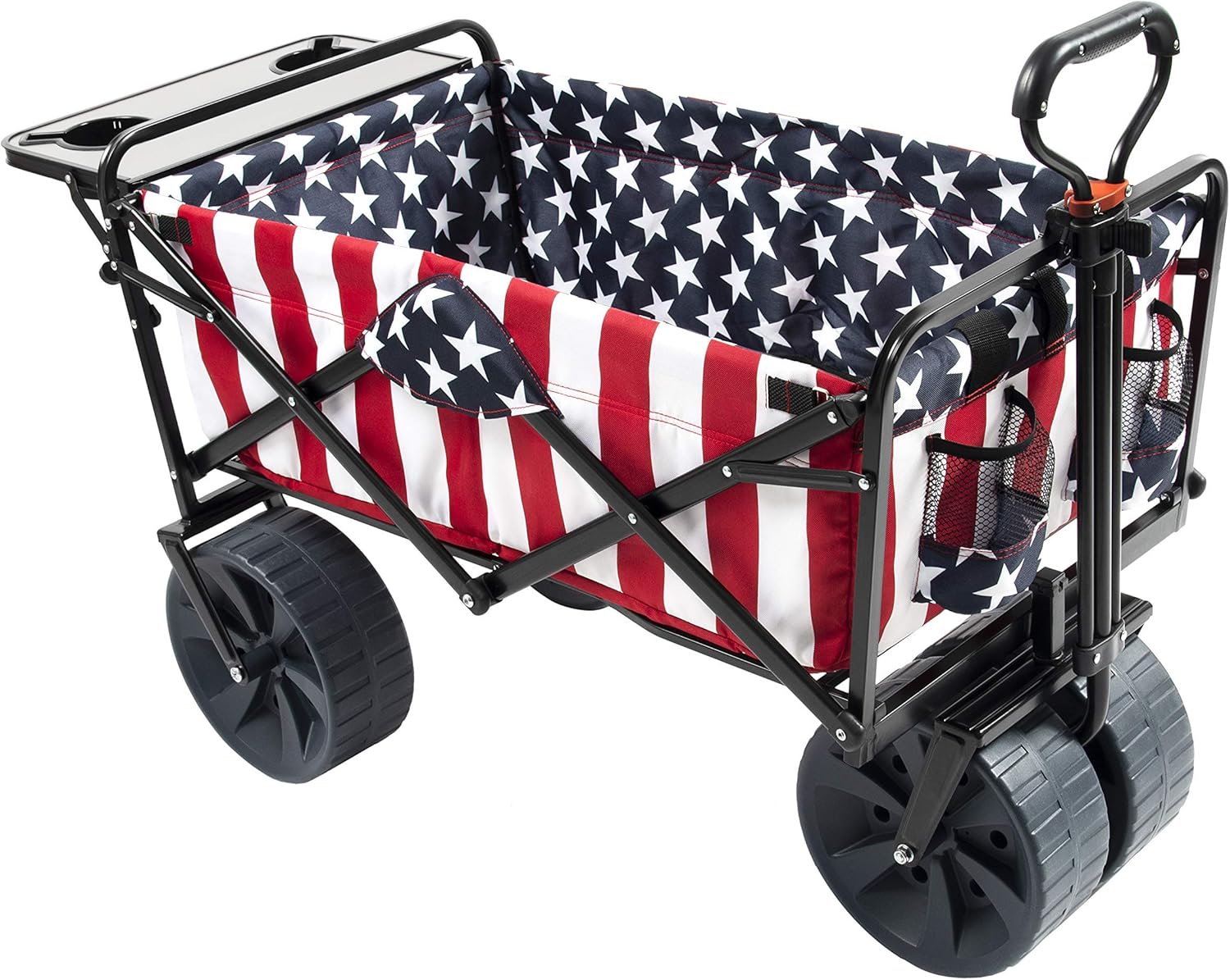 Mac Sports Collapsible Folding Outdoor Beach Wagon with Side Table, Perfect for Camping, Concerts, Sporting Events, The Beach, and More - American Flag Pattern