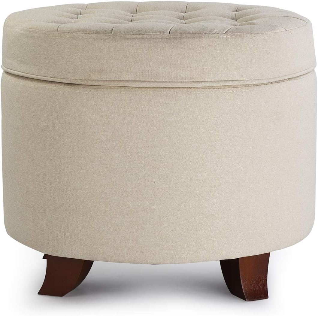 Enova Home Ivy 18 Inches Modern Linen Fabric Round Storage Ottoman for Living Room (Black)