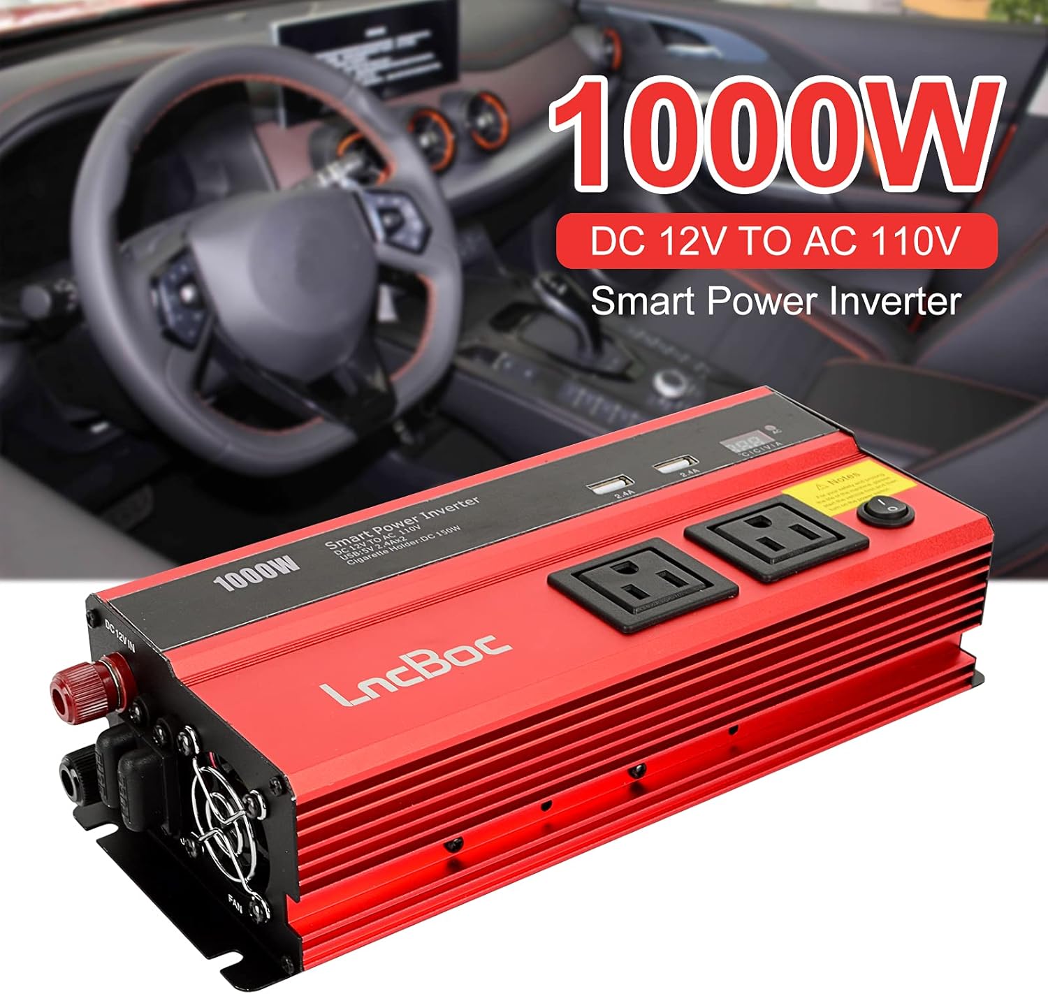 LncBoc 1000W Car Power Inverter DC 12V to 110V AC Converter, Pure Sine Wave Inverter with Dual AC Outlets and 2.4A Dual USB Ports Car Charger Adapter Pack of 2