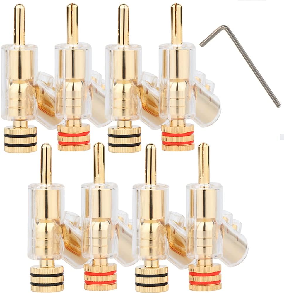 Monosaudio 8Pcs 45 Degree Locking Banana Plugs,Rhodium Plated Speaker Angled Connectors for Speaker Wire,Audio/Video Terminal Connector Jack (Rhodium Plated) Pack of 2