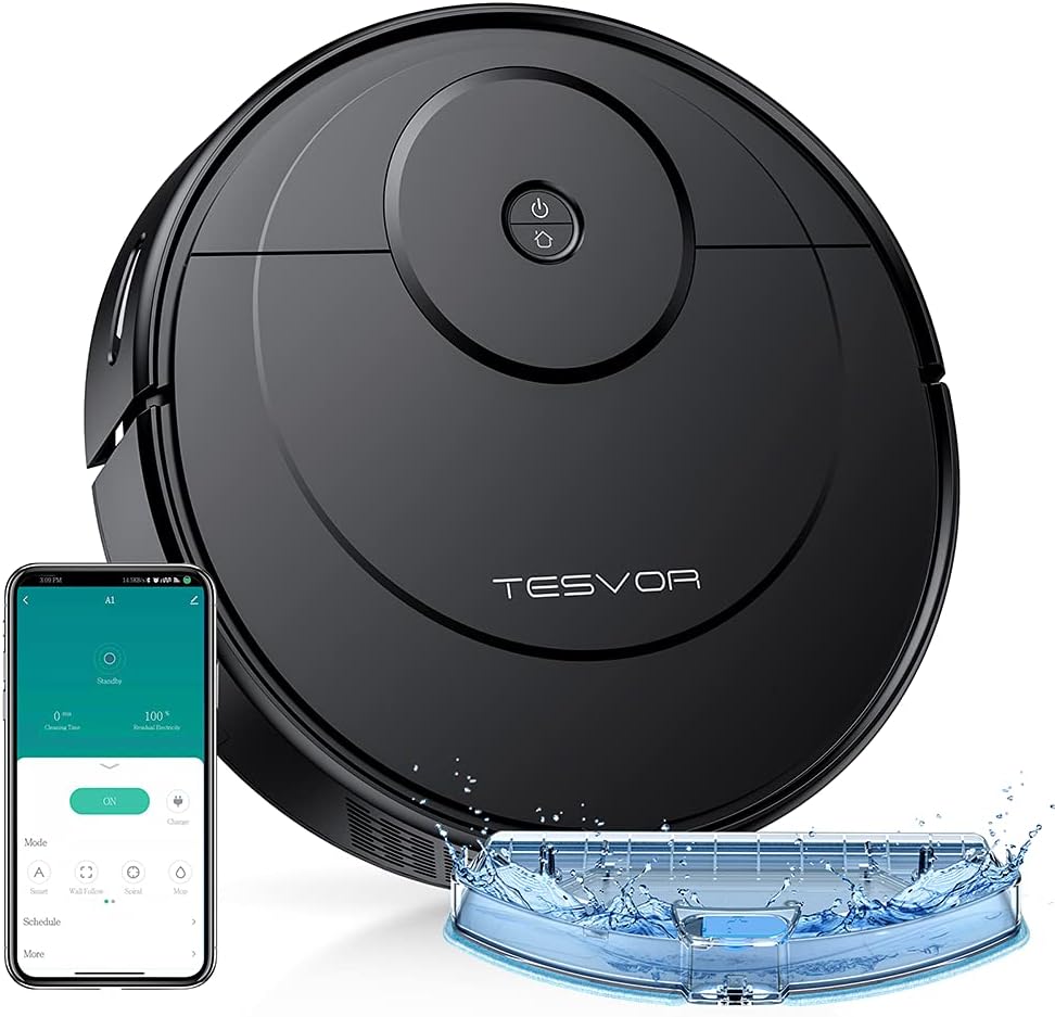 Tesvor A1 Robot Vacuum Cleaner, 2-in-1 Robotic Vacuum and Mop, Powerful Suction, Compatible with Alexa, Auto-Charging, Ultra Slim, Quiet, Ideal for Pet Hair, Hard Floors and Low-Pile Carpets