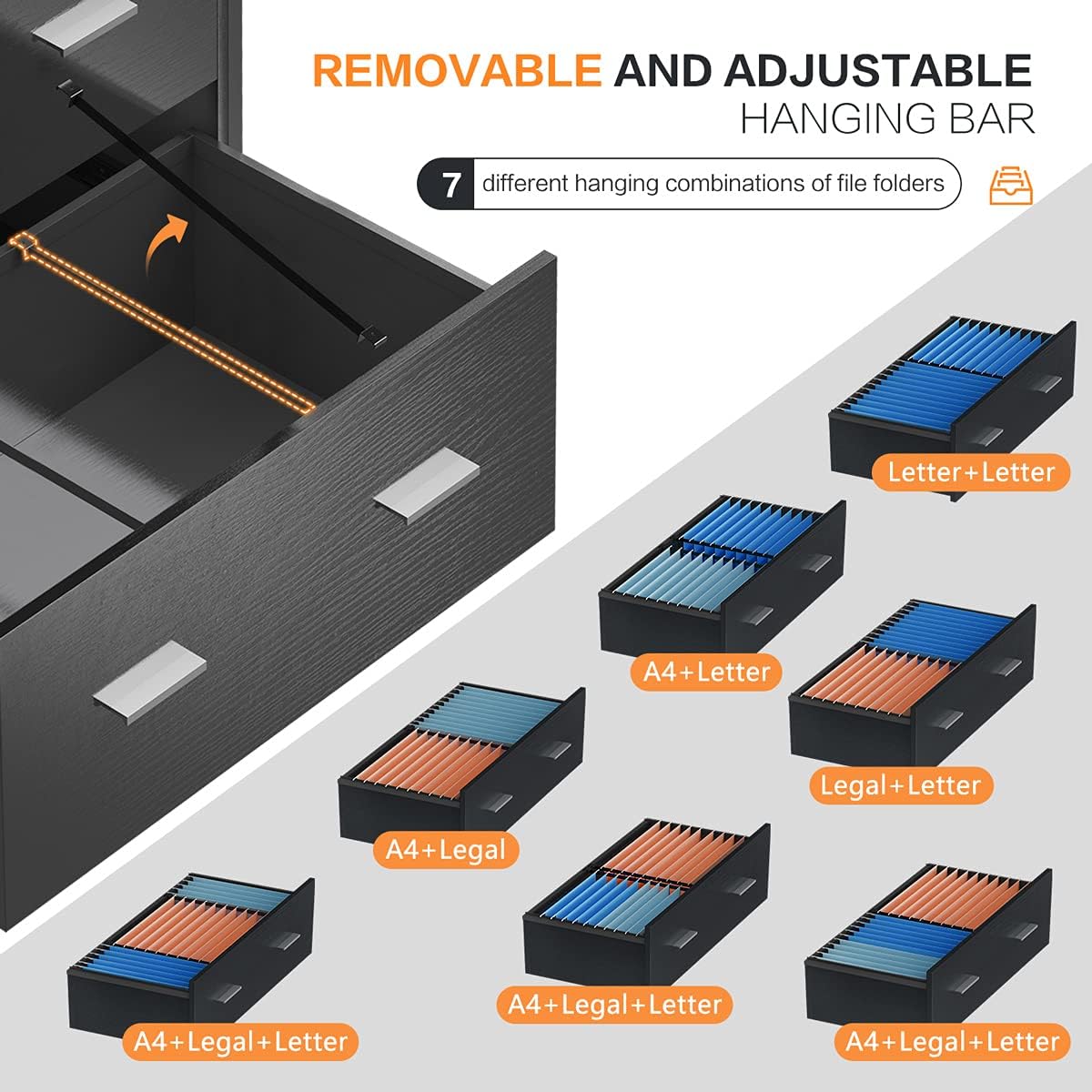 Raybee Filing Cabinet with Lock Wood Storage File Cabinets with 7 Different Files Hanging Combinations of Letter Size, A4, Legal Size File Folders for Office & Home, 31.5” L X 15.8”W X 40.6”H (Black)
