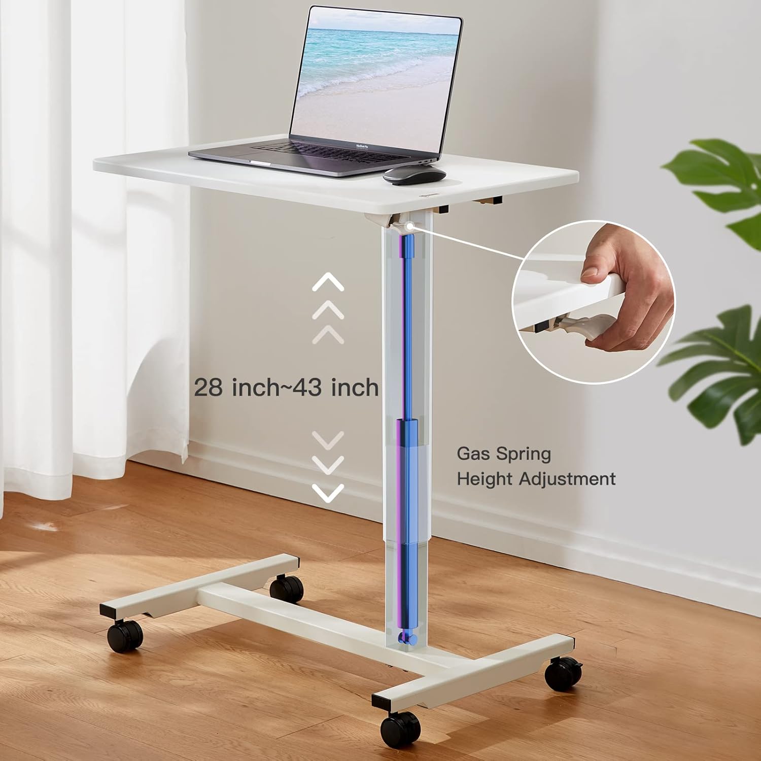 HUANUO Mobile Standing Desk 27 inch Pneumatic Height Adjustable Home Office Desk Space Saving Writing Workstation Rolling Desk Gas Spring Laptop Table with Lockable Wheels