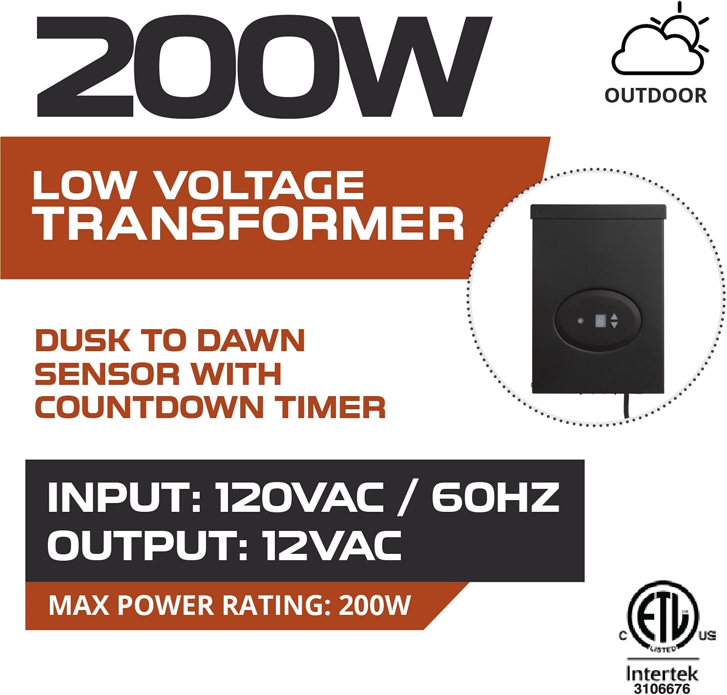 200 Watt Low Voltage Transformer for Landscape Lights - 120V AC to 12V AC Outdoor Lighting Transformer with Dusk to Dawn Sensor & Countdown Timer