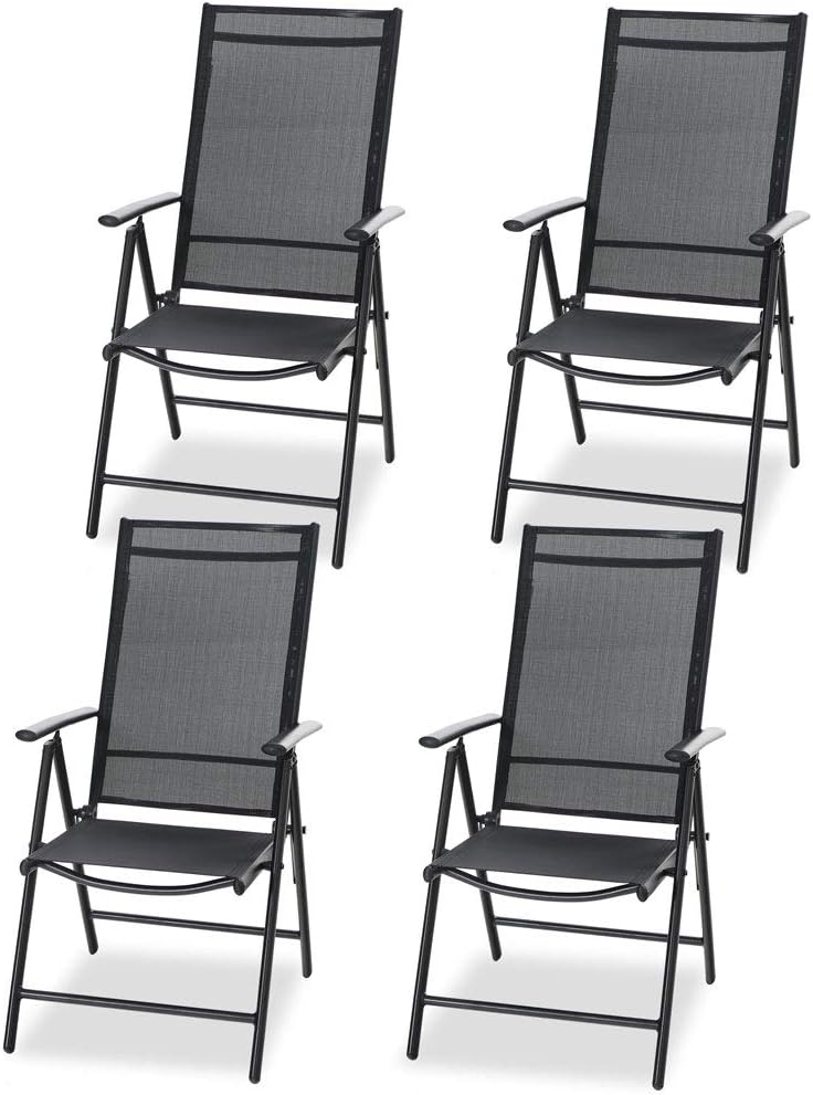 MFSTUDIO Patio Set of 4 Folding Chairs with Arms,Portable Dining Chairs with 7 Levels Adjustable for Outdoor & Indoor, Sling Back Chairs (Grey)