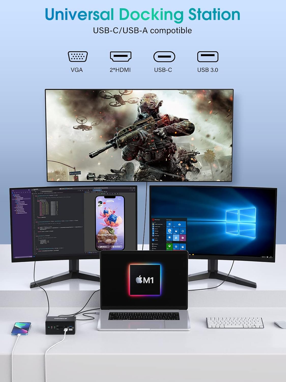 Docking Station, STEPRO 14 in 1 USB C Docking Station Quadruple Monitor Compatible for MacBook and Windows, Thunderbolt Dock with USB-A and USB-C Cable(2HDMI ,VGA,PD3.0,RJ45,4 USB Ports,SD/TF,Audio)