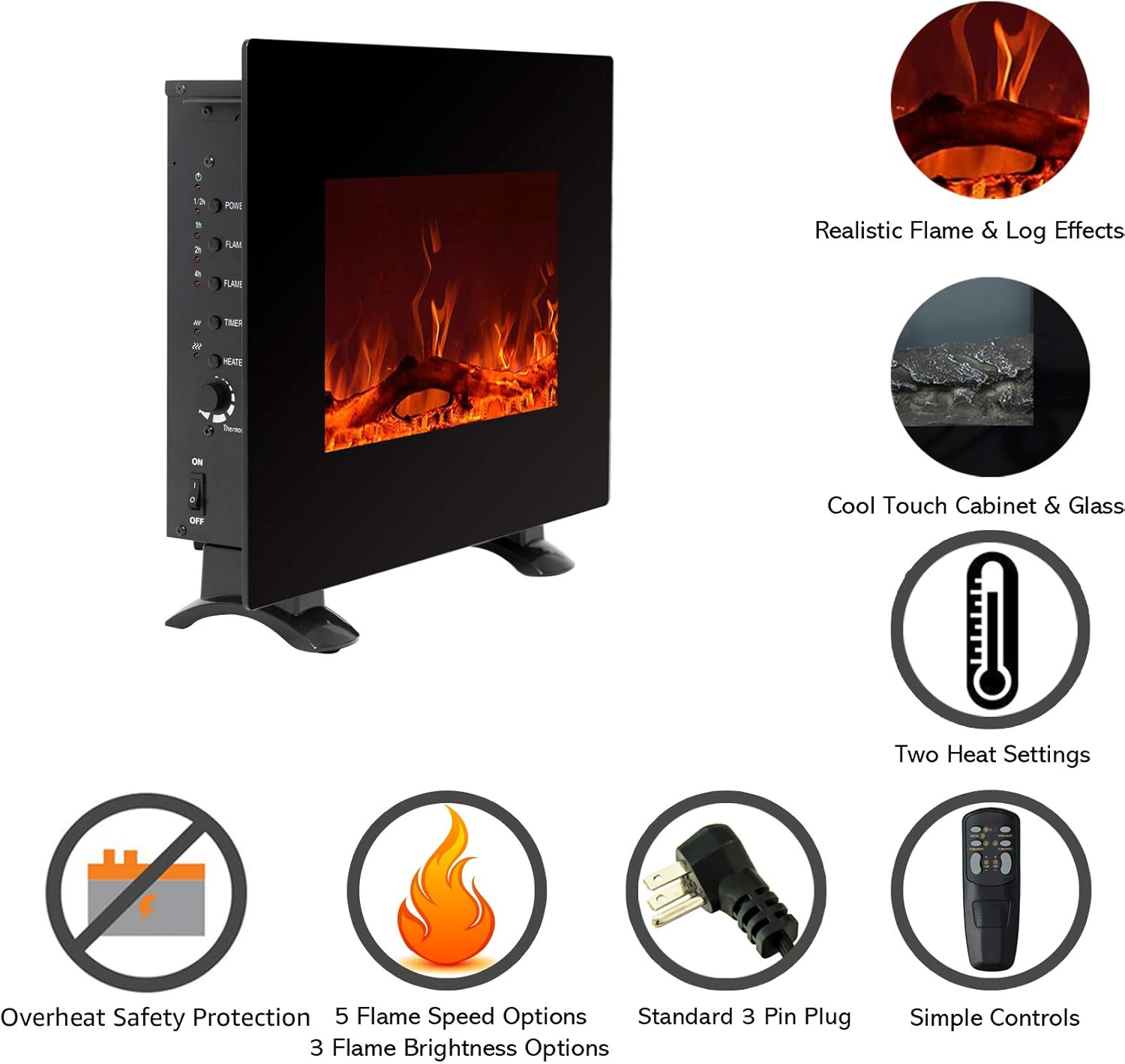 C-Hopetree Electric Fireplace, Wall Mounted or Freestanding Portable Room Heater with Remote and Thermostat, 22 Inch Wide