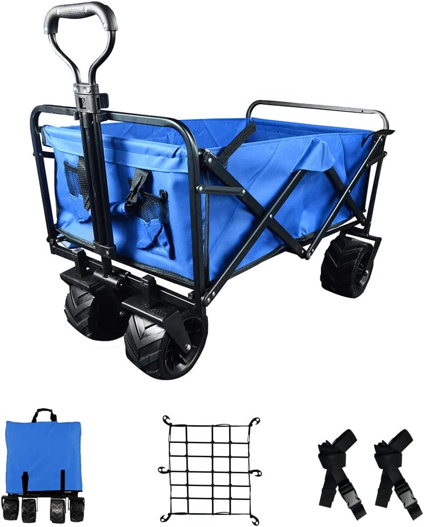 Collapsible Heavy Duty Beach Wagon Cart Outdoor Folding Utility Camping Garden Beach Cart with Universal Wheels Adjustable Handle Shopping (Blue)