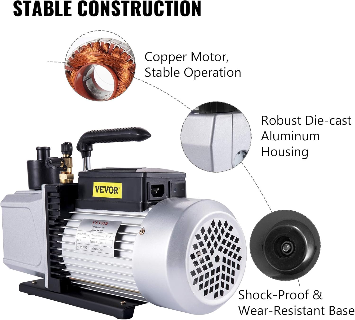 VEVOR Vacuum Pump 12 CFM 1 HP Single Stage Air Conditioning Vacuum Pump 110V 5PA Ultimate Vacuum Refrigerant HVAC Air Tool for Automobile Reparation Vacuum Evacuation