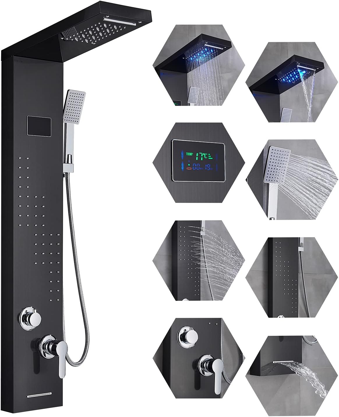 Zovajonia LED Shower Panel Tower System Black Color Bathroom Rainfall & Waterfall Shower Head Rain Massage System with Body Jets & Hand Shower Stainless Steel Shower System