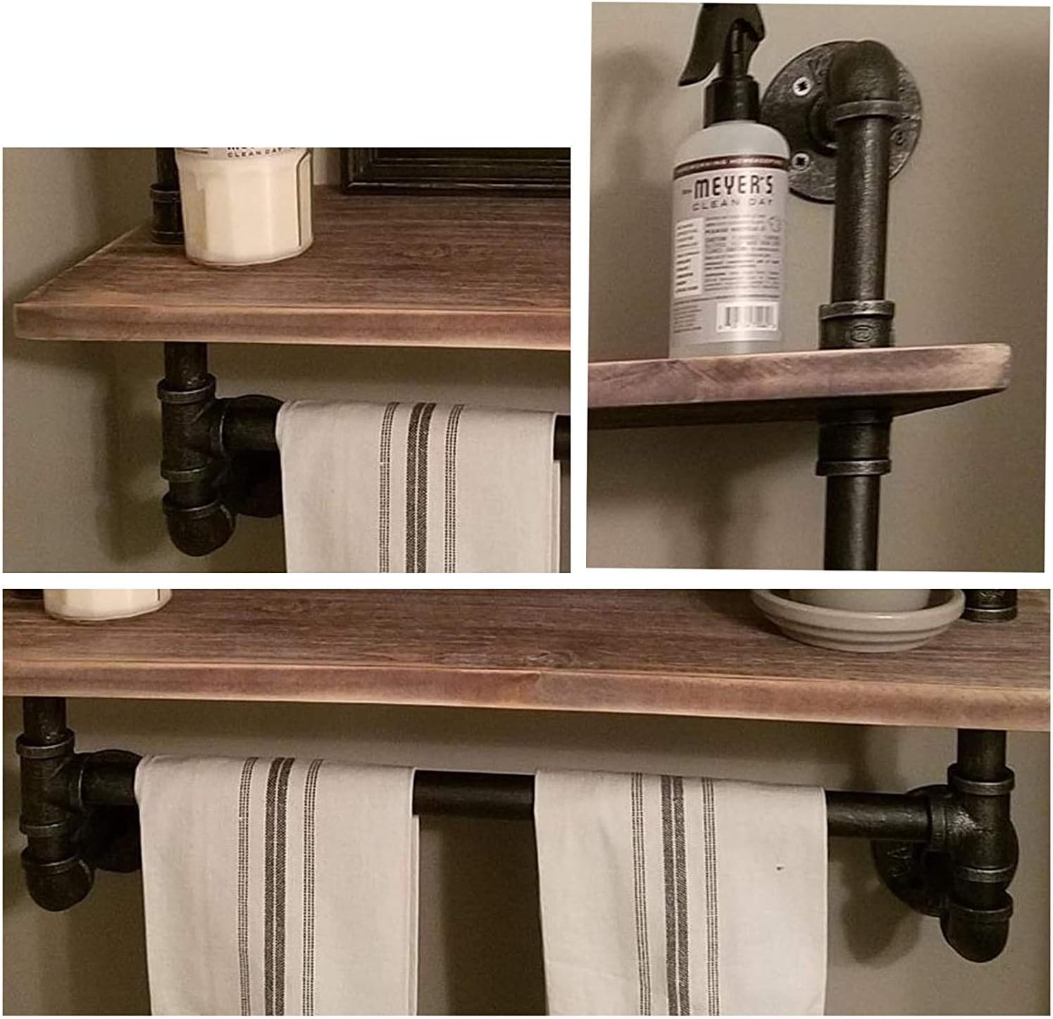 GGO Industrial Pipe Shelf,Rustic Wall Shelf with Towel Bar,24 inches Towel Racks for Bathroom,Pipe Shelves Wood Shelf Shelving (2-Tier)