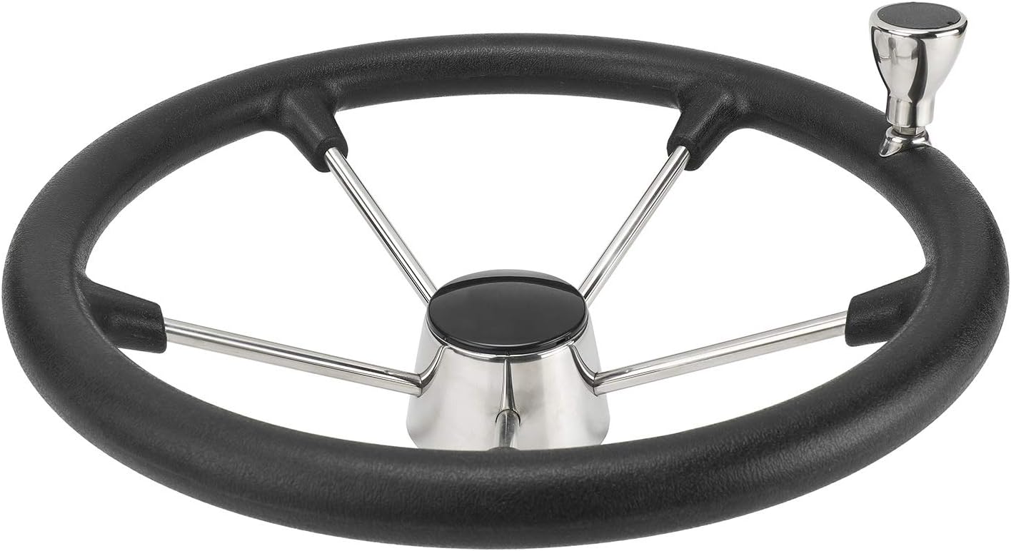NovelBee 15-1/2 Inch Stainless Steel 5 Spoke Boat Marine Destroyer Steering Wheel with Black PU Foam (with Knob)