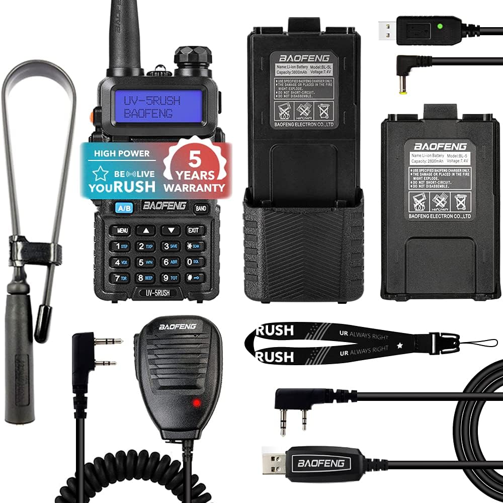 youRUSH Ham Radio Set - BAOFENG UV-5RUSH 8W Two Way Radio BAOFENG with 3800mAh and 2800mAh BL-5 Extended Batteries Plus Foldable Tactical Antenna 18.7&rdquo;, Speaker Mic, USB Charger, USB Programming Cable