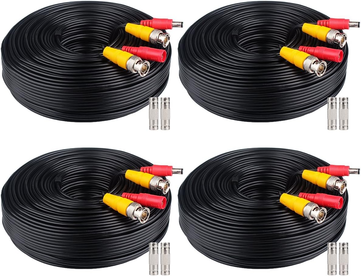 WildHD 4x200ft BNC Cable All-in-One Siamese Video and Power Security Camera Cable Extension Wire Cord with 2 Female Connectors for All Max 5MP HD CCTV DVR Surveillance System,200ft 4pack Cable, White Pack of 2
