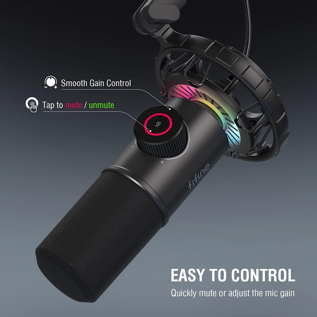 USB Gaming Microphone, FIFINE RGB Dynamic Mic for PC, with Tap-to-Mute Button, Plug & Play Cardioid Mic with Headphone Jack for Streaming, Podcast, Twitch, YouTube, Discord- K658