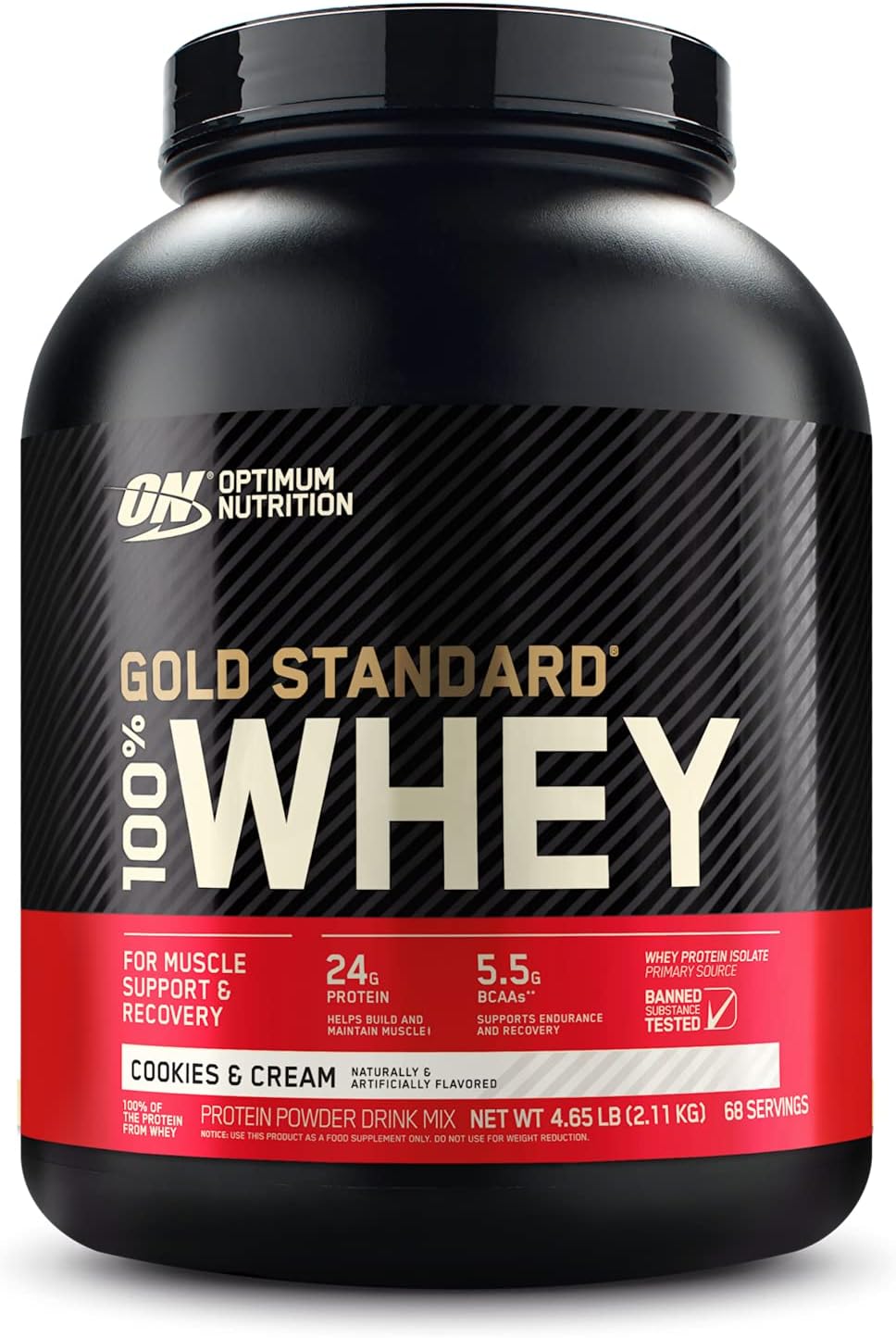Optimum Nutrition Gold Standard 100% Whey Protein Powder, Cookies and Cream, 4.65 Pound (Packaging May Vary) Pack of 2