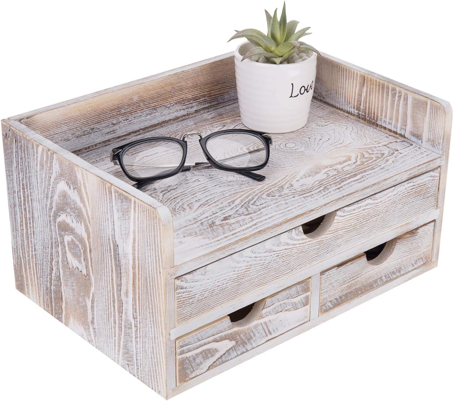 MyGift Shabby Whitewashed Wood Desktop Office Organizer with 3 Drawer Storage Pack of 2