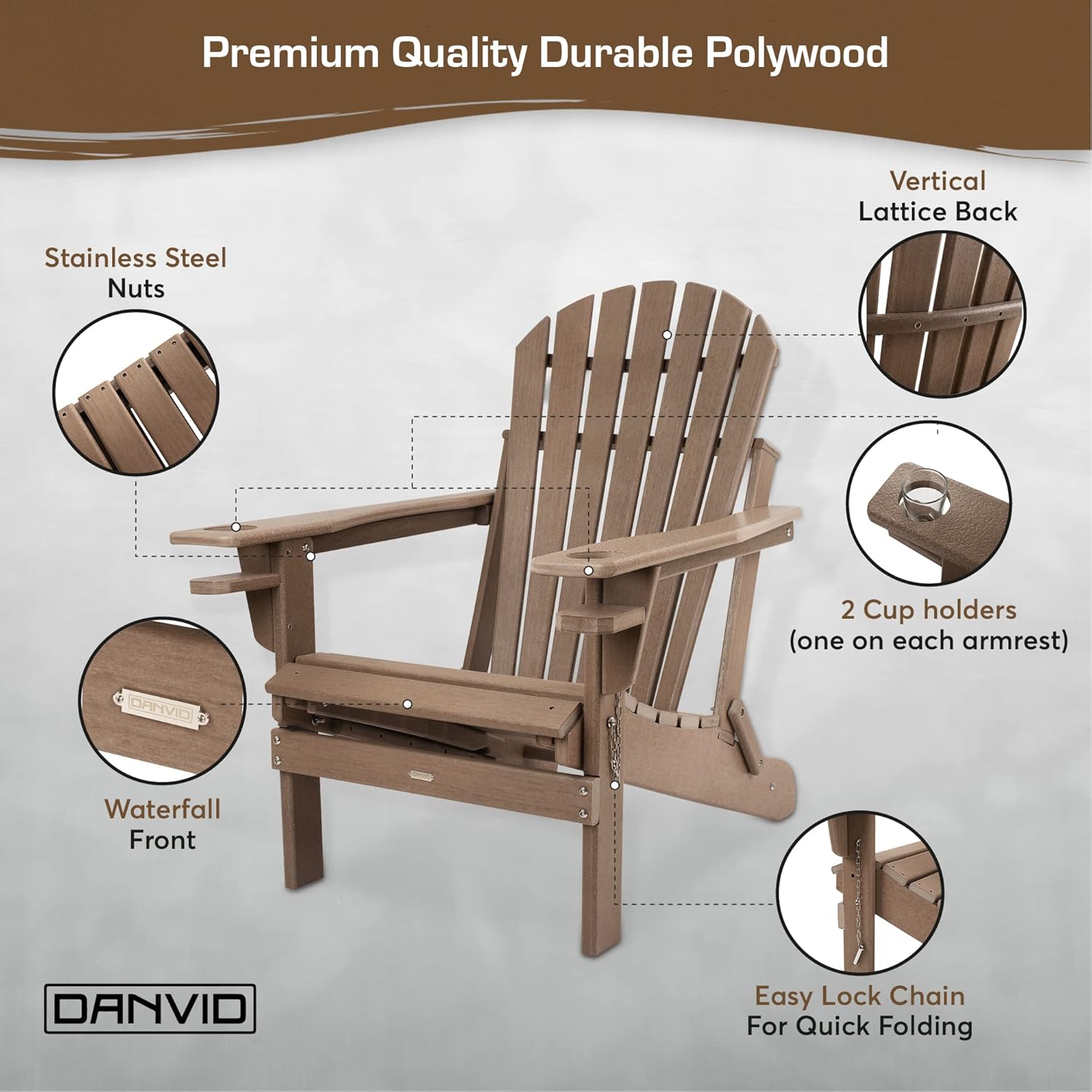 DANVID Adirondack Chair - Folding Beach Chair with Footrest, Armrests, Cupholder - Outdoor Furniture for Deck, Lawn, Backyard & Patio Seating - Weather Proof Polywood Adirondack Chairs for Outside