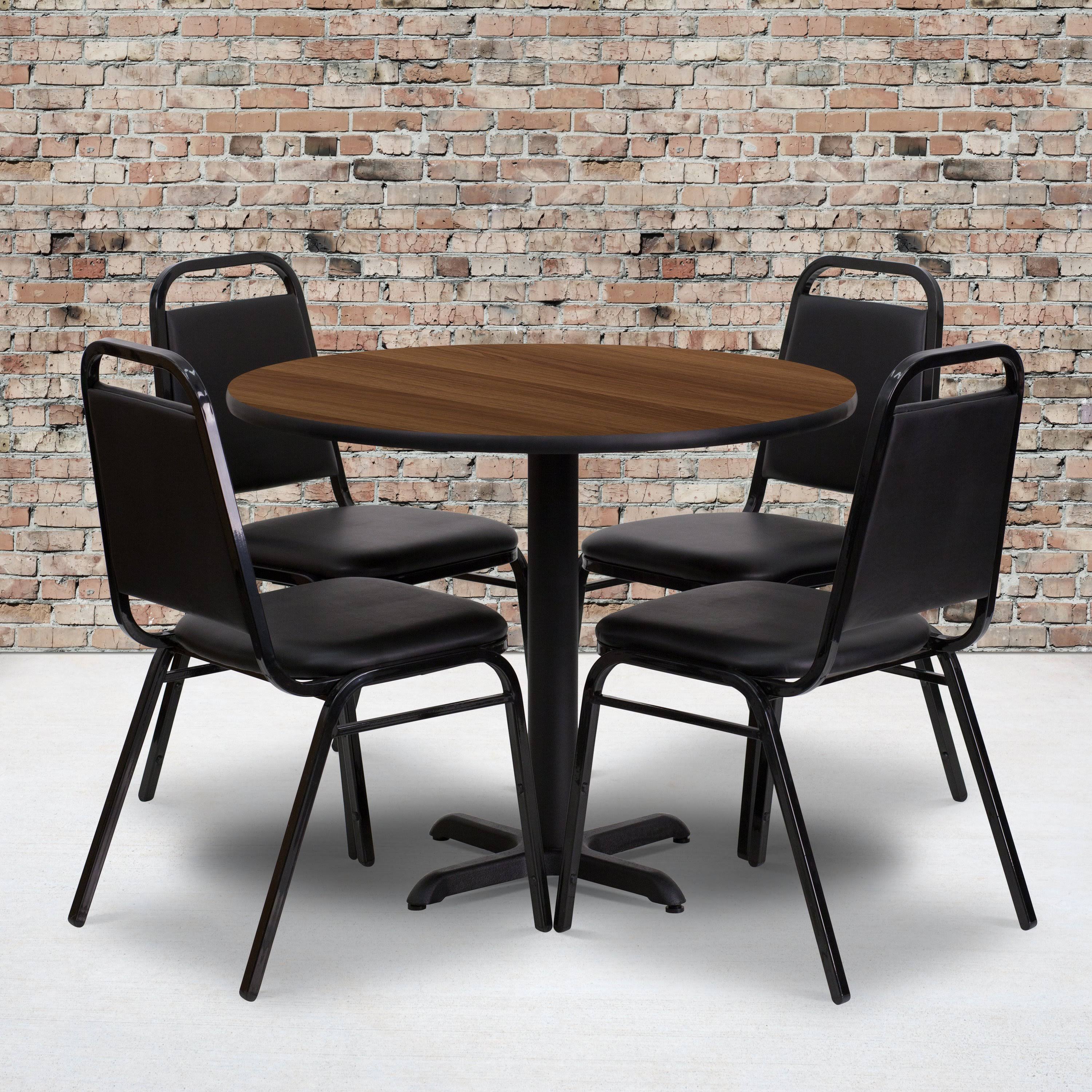 Flash Furniture 36&& Round Walnut Laminate Table Set with 4 Black Trapezoidal Back Banquet Chairs