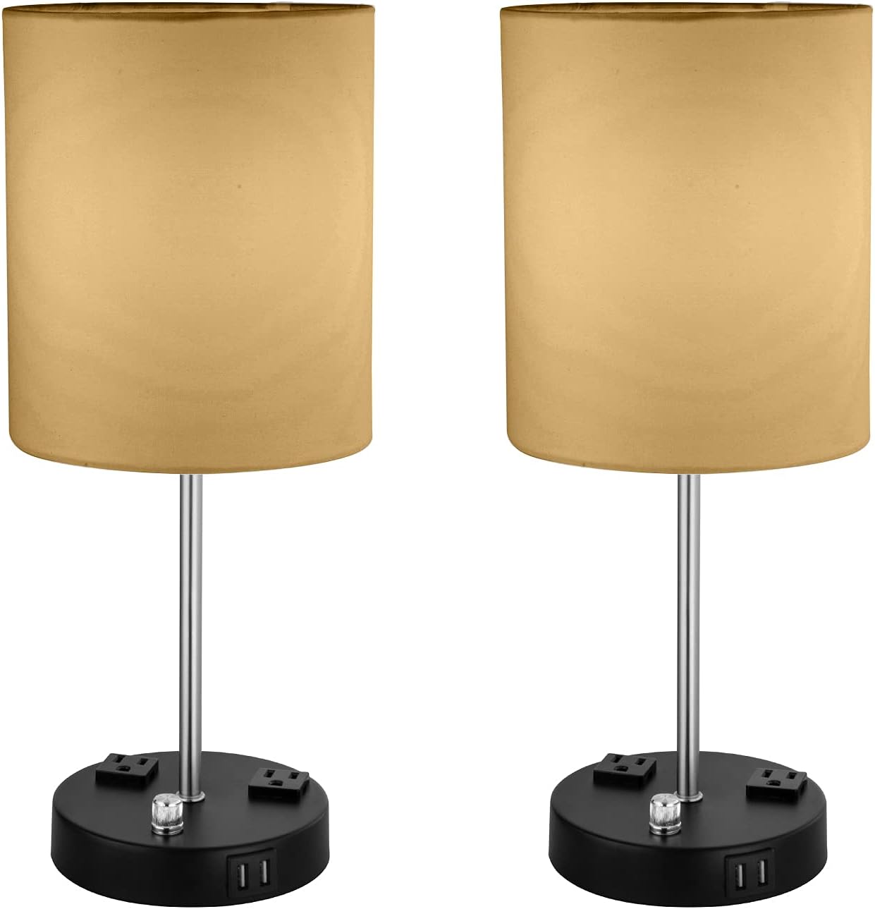 Table Lamp, Set of 2 Bedside Lamp with USB Ports & AC Power Outlet, Fully Stepless Dimmable Desk Lamps, Nightstand Lamp with Fabric Shade for Bedroom, Living Room, Office (2 Bulb Included)