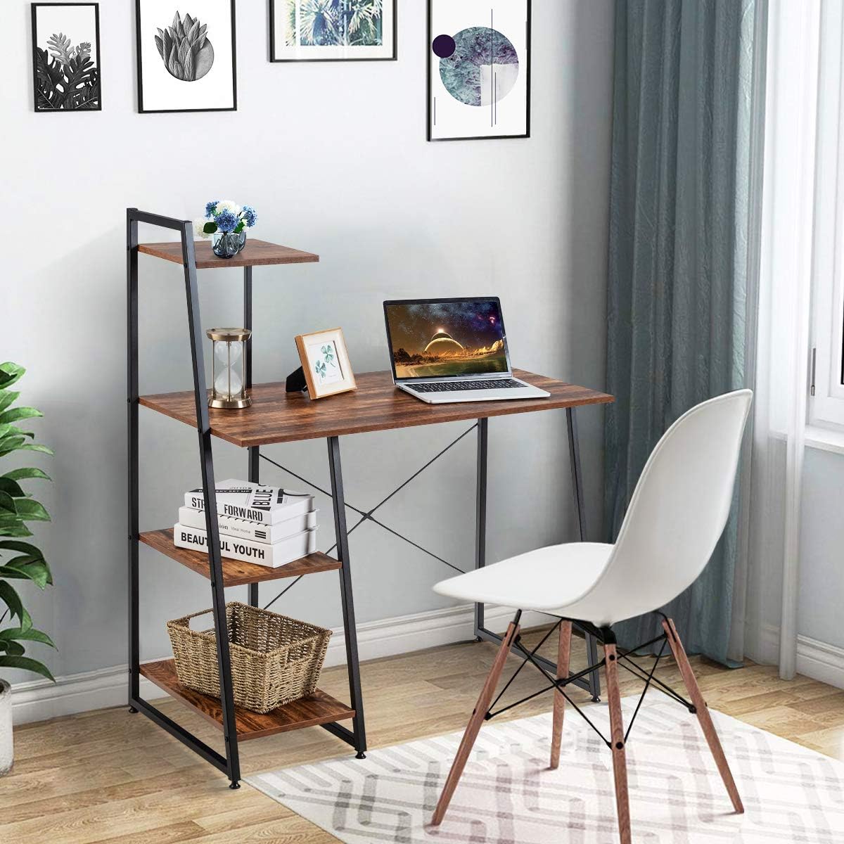 POWERSTONE Modern Writing Study Work Desk Workstation with Storage Compact Computer Table with Hutch for Small Spaces Brown