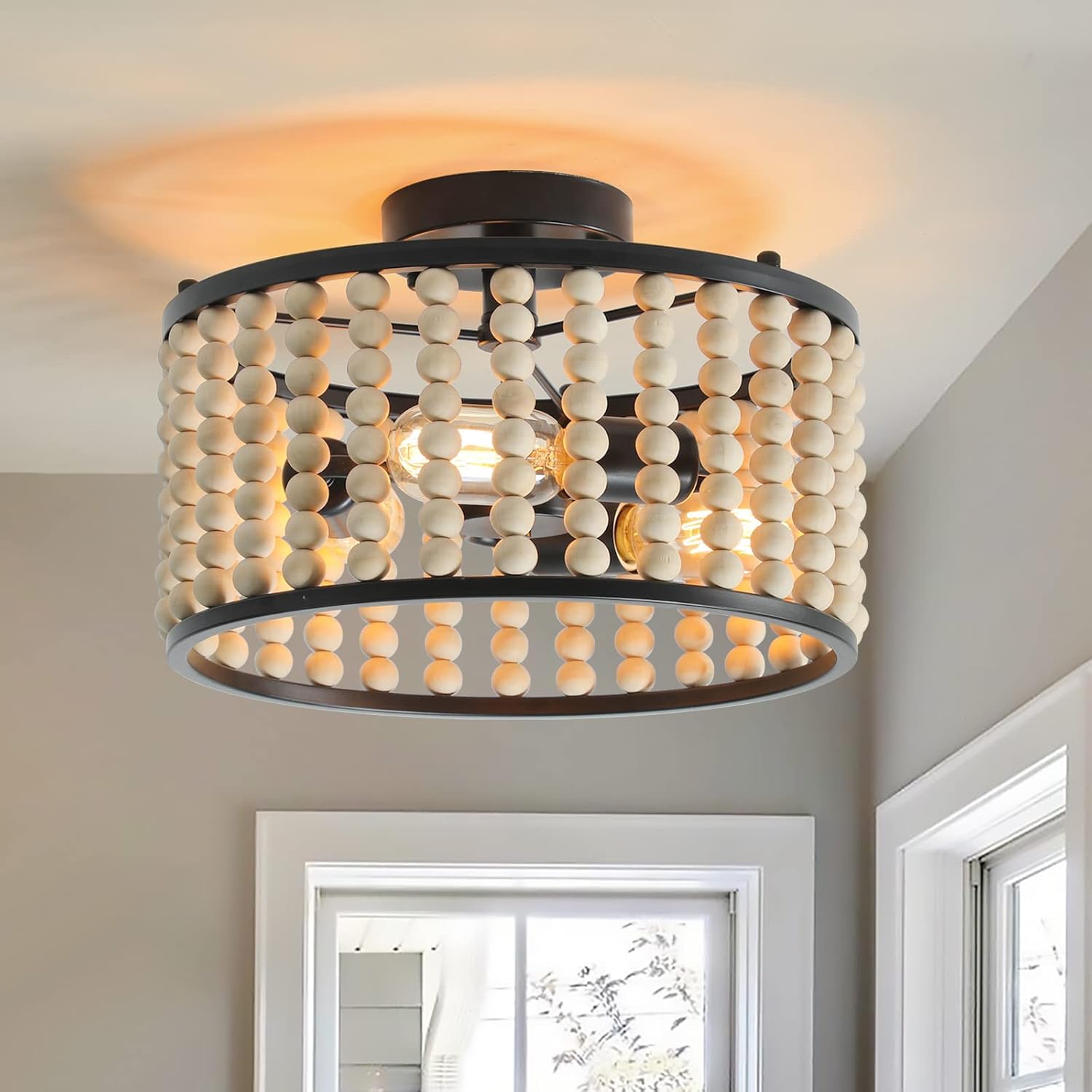 Tewei Wood Bead Chandelier , Semi Flush Mount Ceiling Light Rustic 3 Lights Boho Farmhouse Bohemia Chandelier Fixture with E26 Base for Kitchen Bedroom Living Room Dining Oak Black