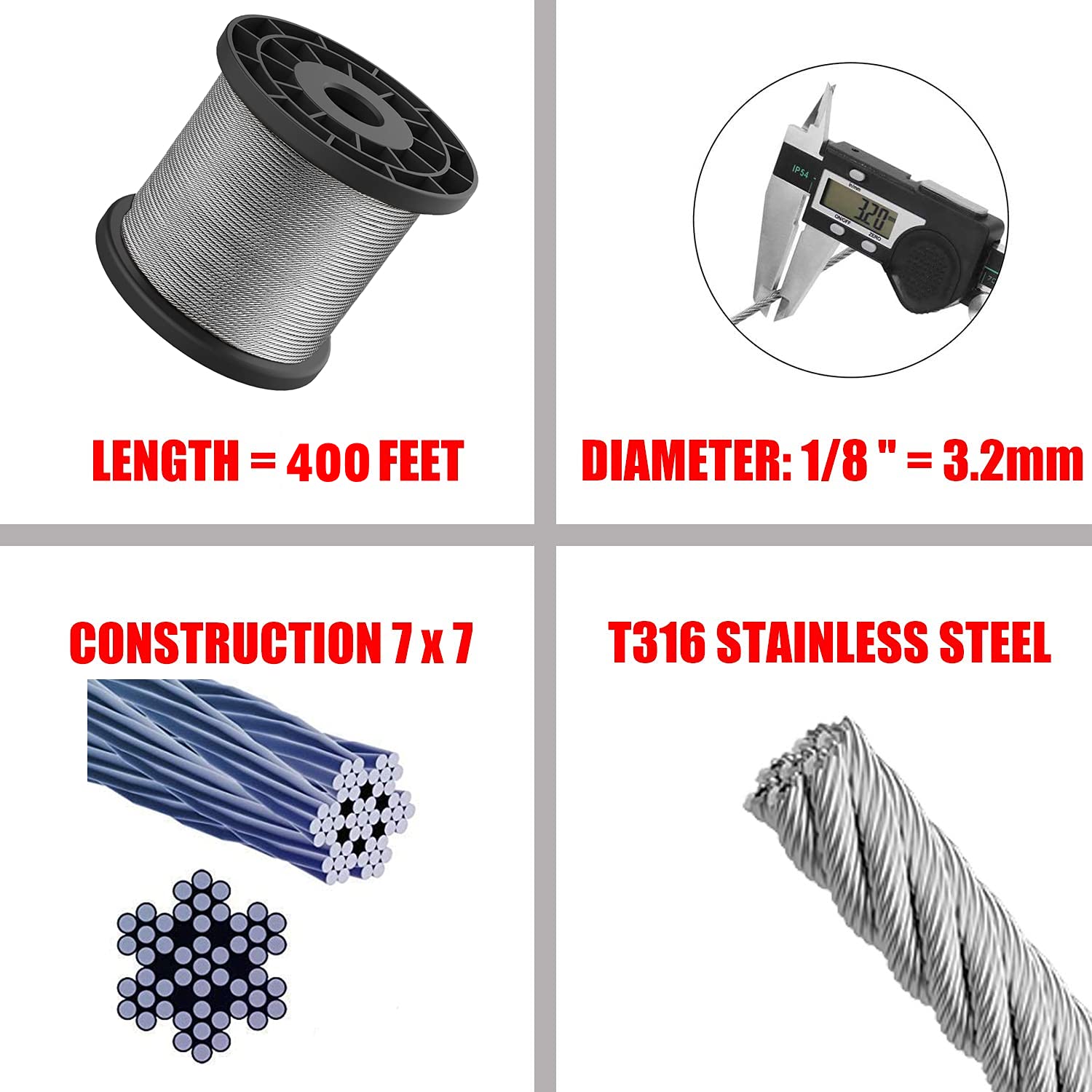 1/8 T316 Stainless Steel Cable, Aircraft Cable for Deck Railing, 7 x 7 Strands Construction Braided Steel Cable, 400FT Wire Rope Cable for Railing Pack of 2