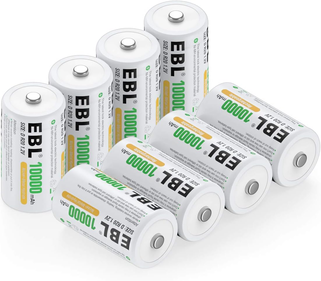 EBL Pack of 8 10000mAh Ni-MH D Cells Rechargeable Batteries, Battery Case Included