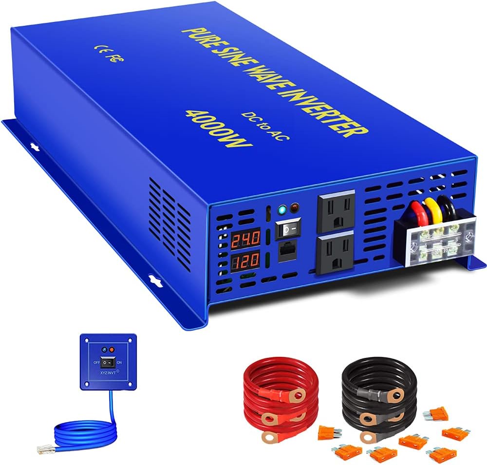 XYZ INVT Pure Sine Wave Power Inverter 4000W 24V DC to AC 110V 120V with 15ft Remote Controller, Surge Power 8000w, Power Converter for Solar System, Off Grid. (4000W 24V/Remote)