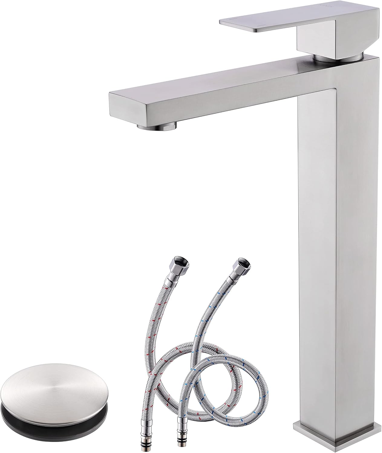 KENES Matte Black Bathroom Faucet Single Handle Tall Vessel Sink Faucet Vanity Bathroom Faucet Basin Mixer Tap with Water Supply Hose and Pop Up Sink Drain, LJ-9031A-2