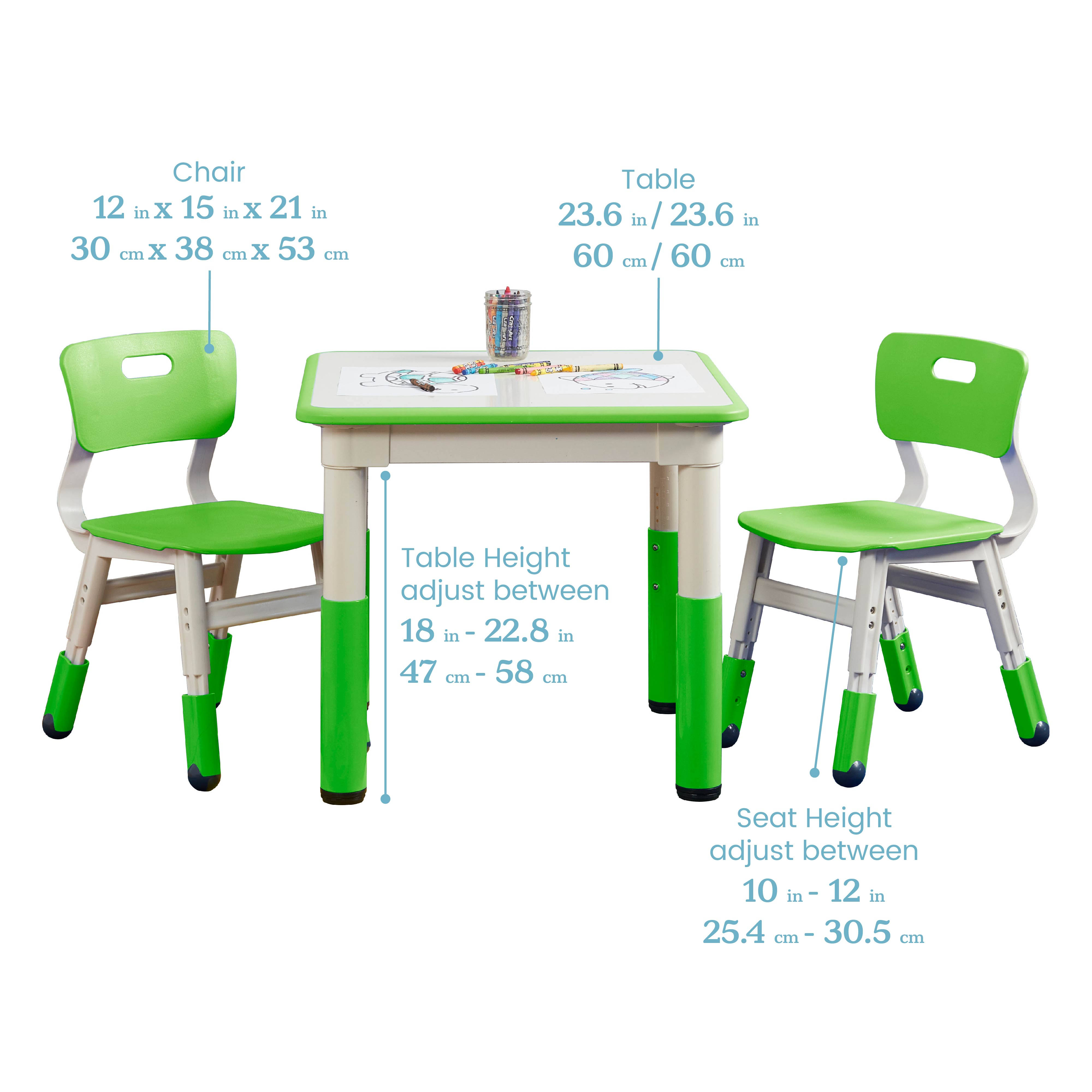 Ecr4kids Square Dry-Erase Adjustable Activity Table with 2 Chairs, Green (3-Piece Set)