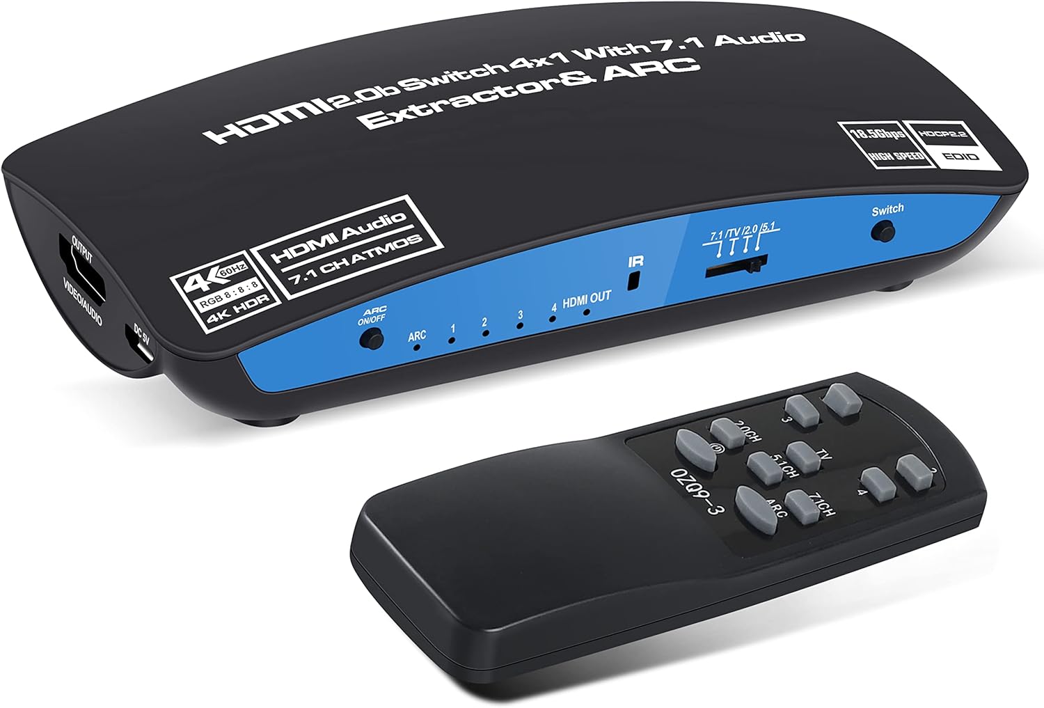 4K@60Hz HDMI Switch 4x1 with 7.1 Audio Extractor, avedio links 4 Port HDMI2.0b Switch Box with HDMI Atmos 7.1CH/ Optical 5.1CH/3.5mm Audio Out, HDMI Selector Switch with Remote