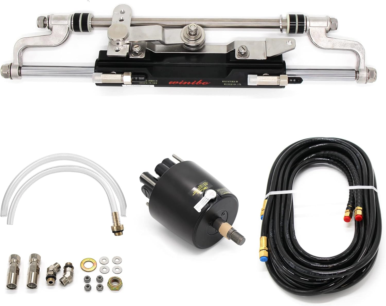 Winibo ZA0350 Marine Hydraulic Outboard Steering Kit for Outboard up to 300HP with Helm Pump, Compact Cylinder, Tubing (Others)