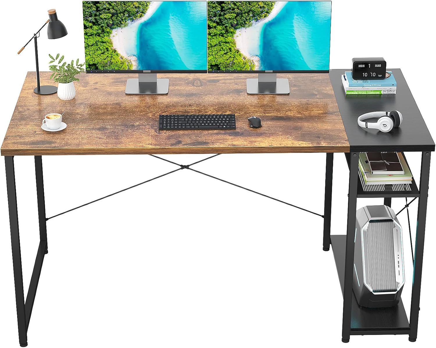 Ecoprsio 47 Inch Computer Desk Home Office Desk with Storage Shelves Industrial Desk Study Writing Table PC Gaming Desk for Home Office Workstation Bedroom, Rustic and Black Pack of 2