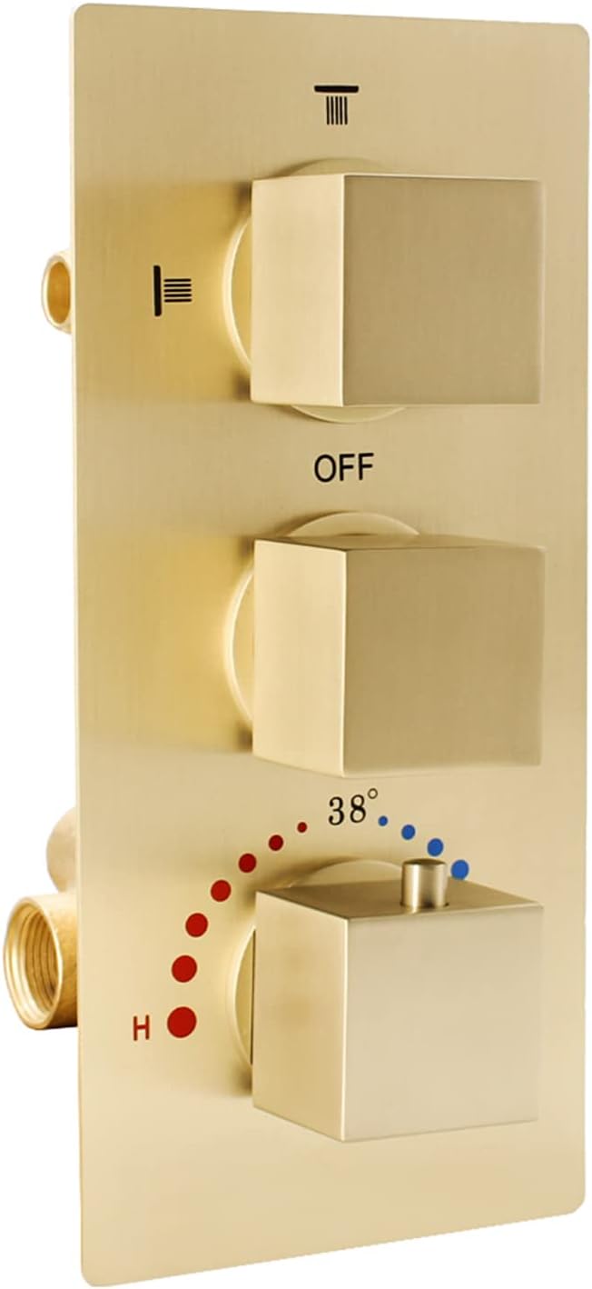 HOMEDEC Brass Concealed 3-Way Thermostatic Shower Valve Replacement with Integrated Diverter for Rain Shower, Hand Shower head and Body Spray (Square Knobs,Brushed Nickel)
